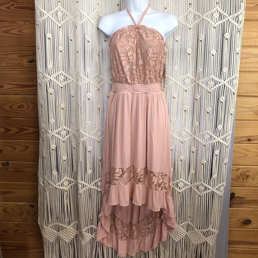 Almost Famous Floral Lace Medium Halter Flounce Dress NWT Pink Rose